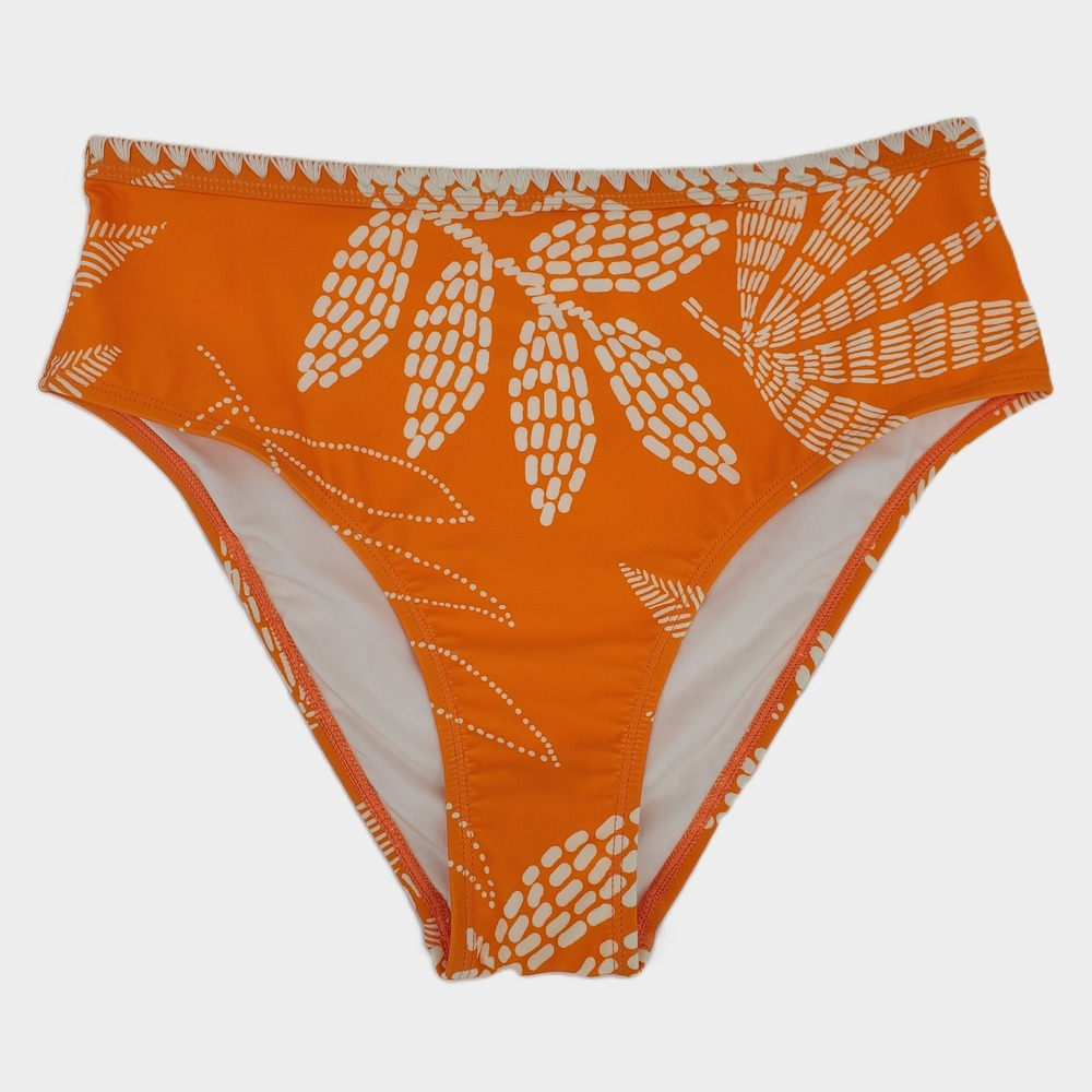 Cupshe Tropical Leaf Print High‎ Waist Bikini Bottom Scalloped Medium Orange
